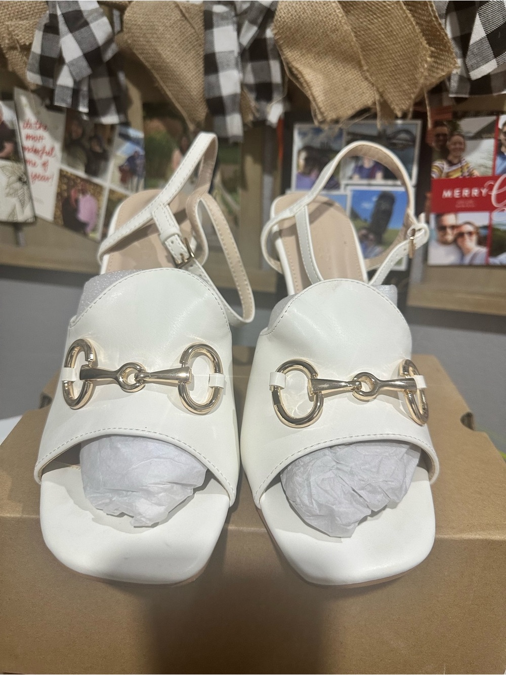 White Women's Open-Toe Slingback Sandals with Gold Horsebit Accent